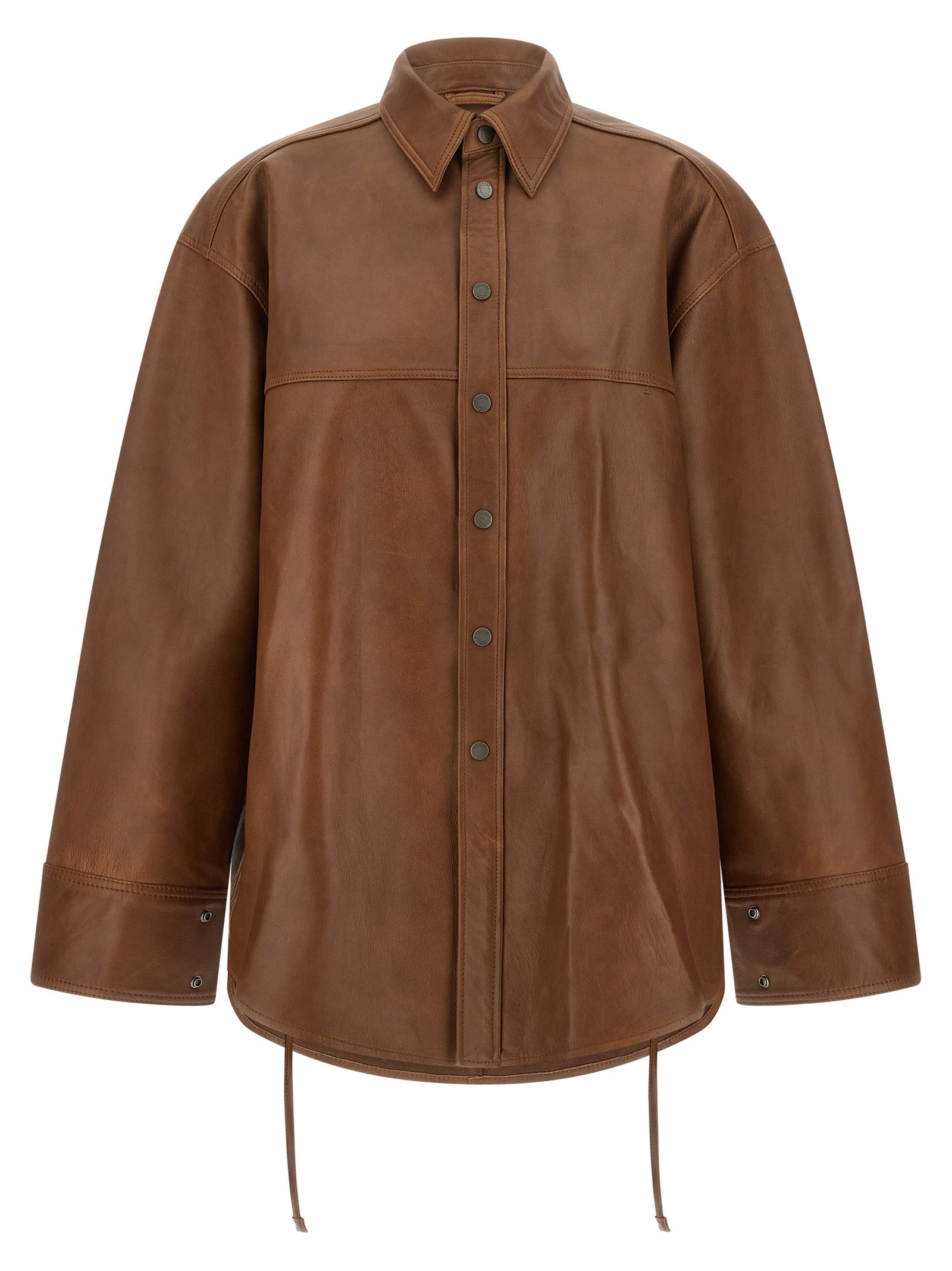 Overshirt by Haikure for women in lambskin leather brown showcases a sharp silhouette, elegantly detailed with a sharp and sharp .
