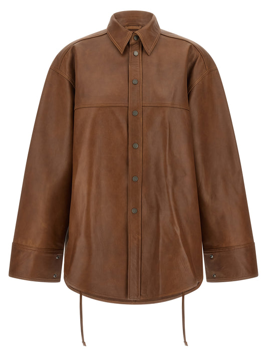 Overshirt by Haikure for women in lambskin leather brown showcases a sharp silhouette, elegantly detailed with a sharp and sharp .