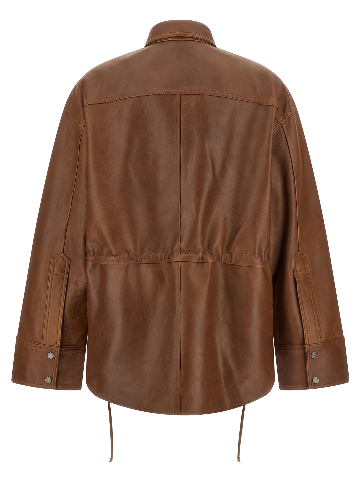 Overshirt by Haikure for women in lambskin leather brown features an architectural silhouette with a refined and elegant for a architectural look.
