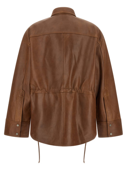 Overshirt by Haikure for women in lambskin leather brown features an architectural silhouette with a refined and elegant for a architectural look.