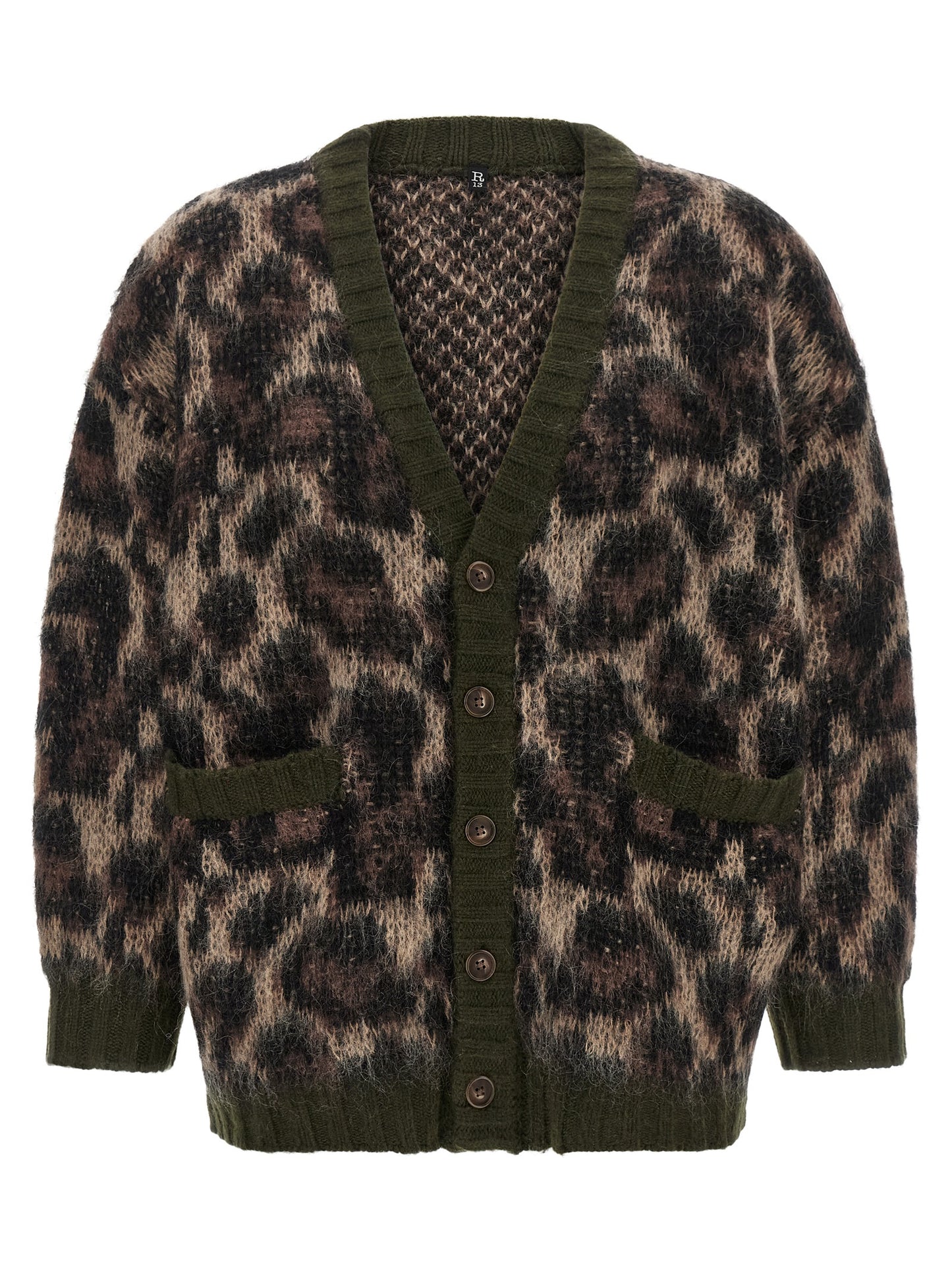 Cardigan by R13 for women in mohair wool & nylon animal, brown, green, olive & print features a dramatic silhouette, showcasing a sophisticated v-neck neckline and dramatic detail for a timeless, premium look.