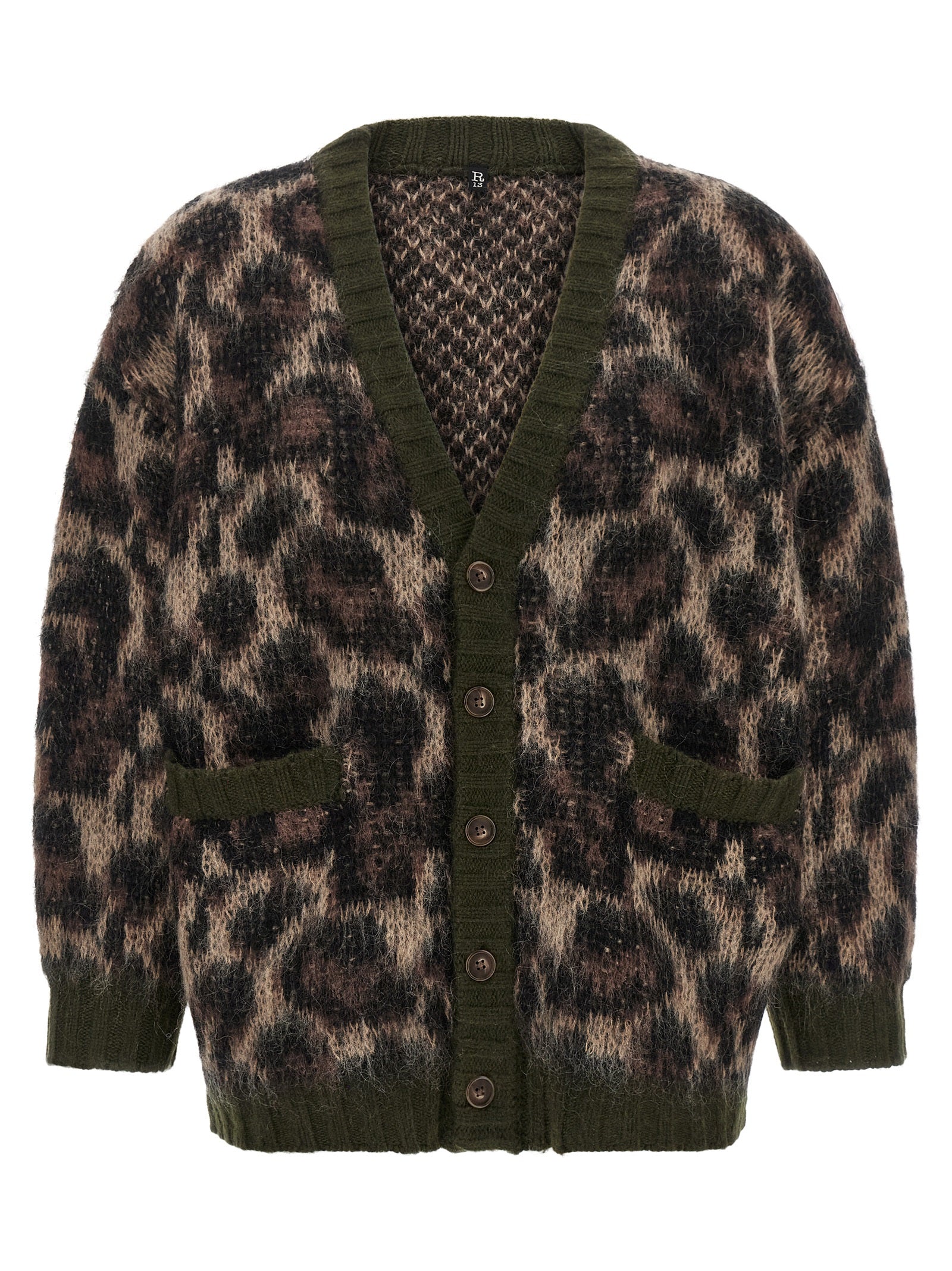 Cardigan by R13 for women in mohair wool & nylon animal, brown, green, olive & print features a dramatic silhouette, showcasing a sophisticated v-neck neckline and dramatic detail for a timeless, premium look.