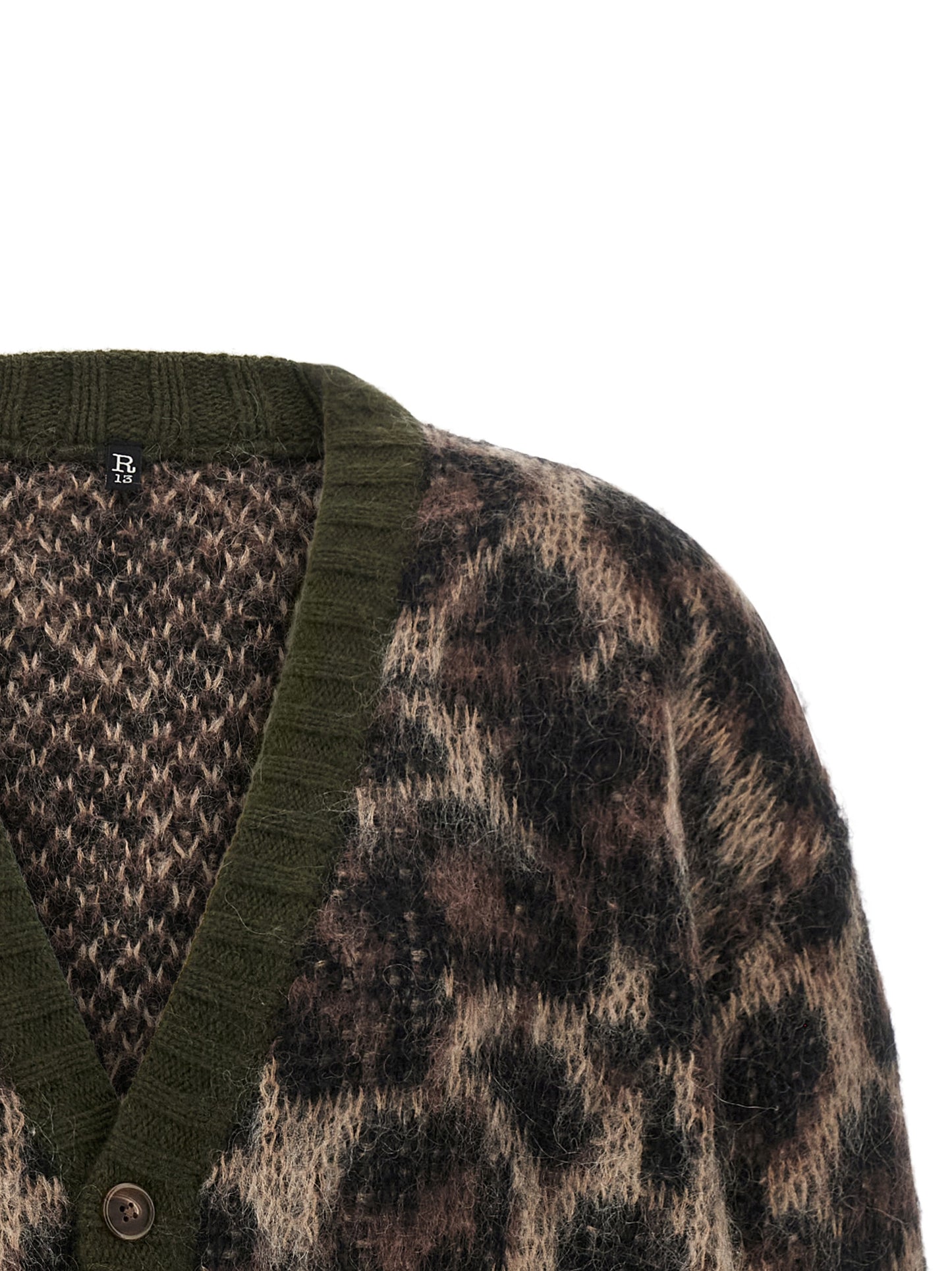 Cardigan by R13 for women in mohair wool & nylon animal, brown, green, olive & print features an crisp silhouette, showcasing a sophisticated v-neck neckline and detail for a truly crisp finish.