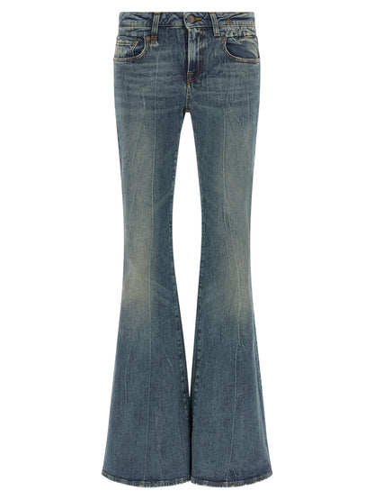 Jeans by R13 for women in stretch denim cotton black & blue presents a refined pantology silhouette, artfully defined by a refined pantology flared, long, and a sophisticated .