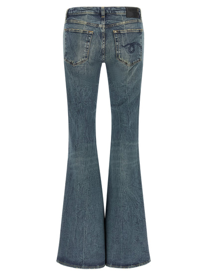 Jeans by R13 for women in stretch denim cotton black & blue features a refined silhouette with a refined flared, defined by a and a refined long for a refined finish.