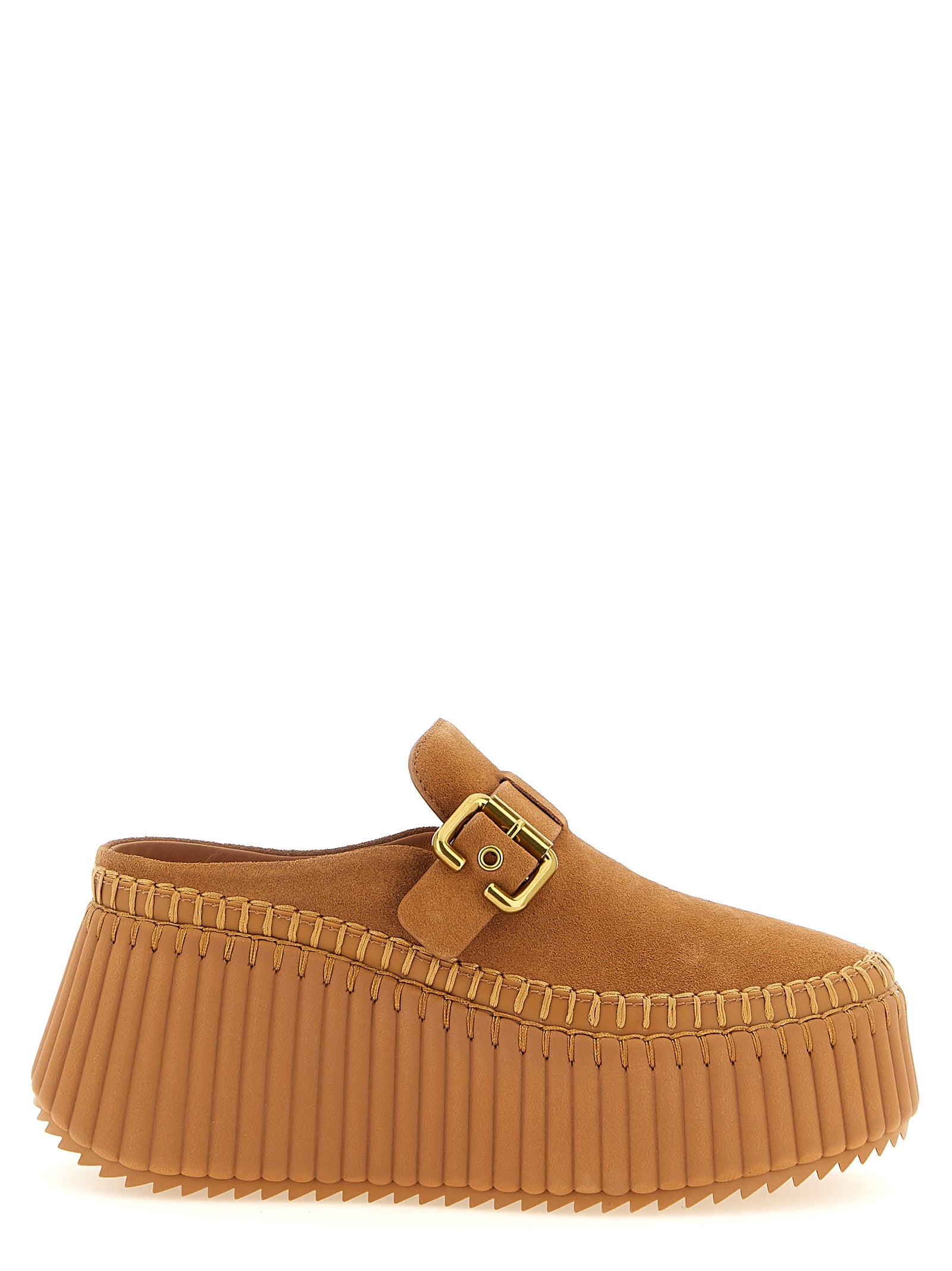 Platform Wedge Sandals by Chloé for women in suede calfskin leather and beige, camel & gold presents a captivating silhouette, showcasing the signature style of the Women's Suede Calfskin Leather Platform Wedge Sandals with a captivating platform wedge and captivating .
