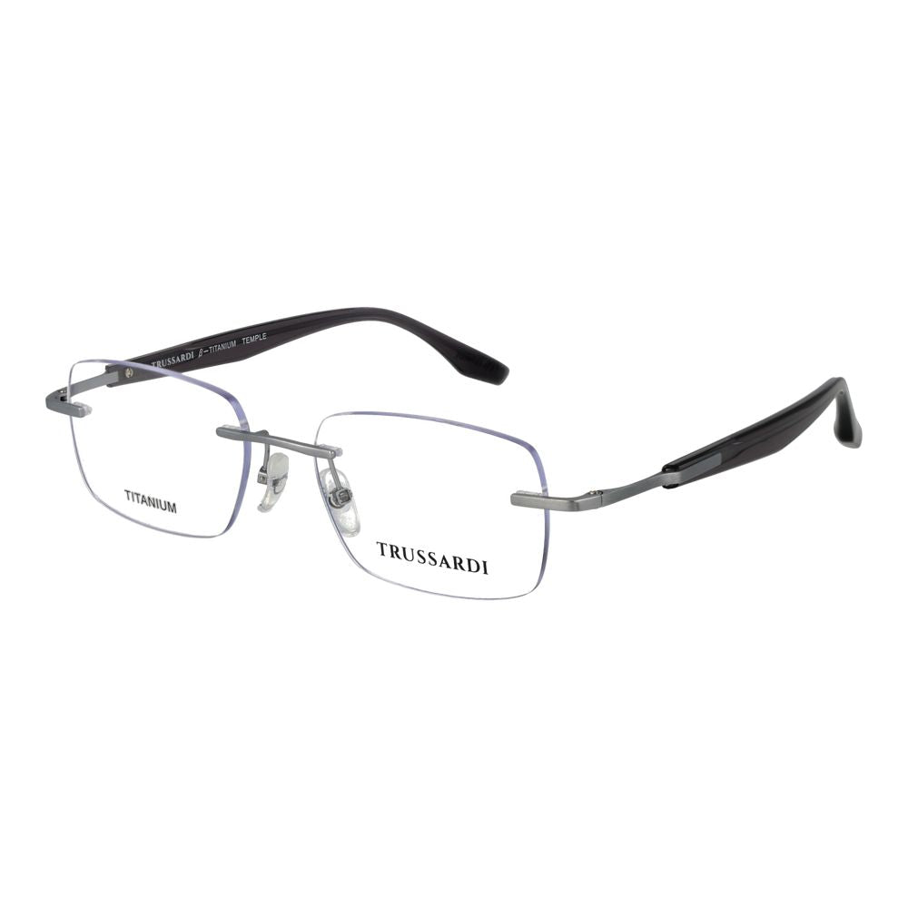 Eyeglasses Frames by Trussardi for men in titanium silver showcases a refined rimless frame design with a refined silver coloured frame finish for a refined and sophisticated look.