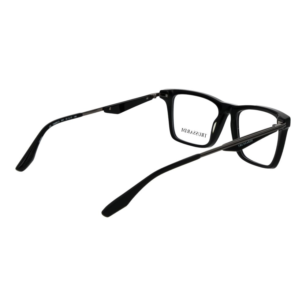 Eyeglasses Frames by Trussardi for men in acetate black showcases a reflective silhouette, artfully incorporating a sophisticated black coloured frame with a distinct full-frame frame design.
