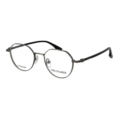Eyeglasses Frames by Trussardi for men in titanium gray showcases a reflective silhouette, artfully incorporating a sophisticated gunmetal coloured frame with a distinct full-frame frame design.