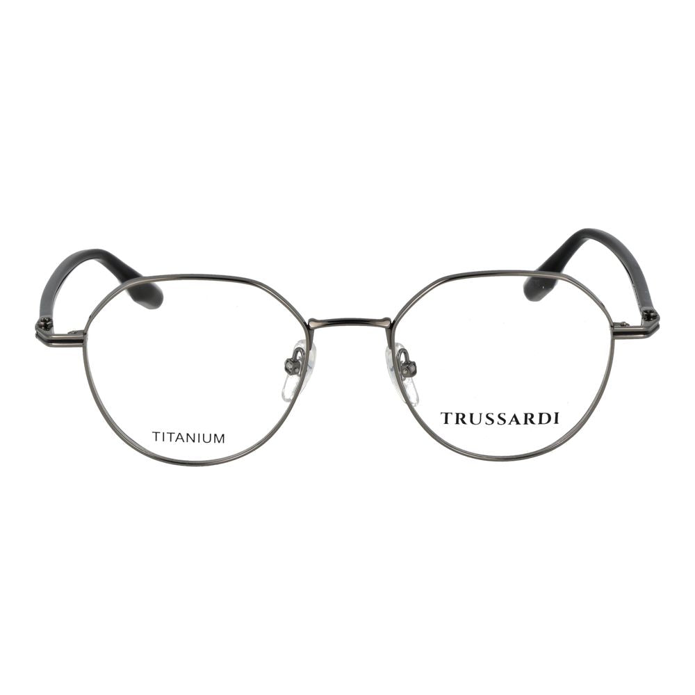 Eyeglasses Frames by Trussardi for men in titanium gray features a refined silhouette, showcasing a refined gunmetal coloured frame and full-frame frame design for a sophisticated, premium look.