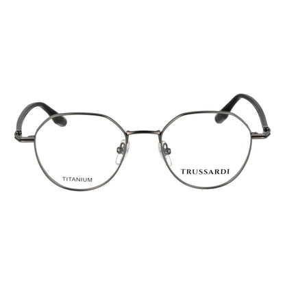 Eyeglasses Frames by Trussardi for men in titanium gray features a refined silhouette, showcasing a refined gunmetal coloured frame and full-frame frame design for a sophisticated, premium look.