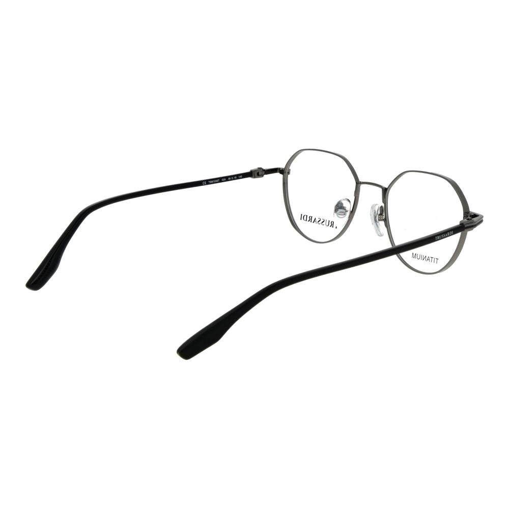 Eyeglasses Frames by Trussardi for men in titanium and gray showcases a refined silhouette, detailed with a gunmetal coloured frame finish and a sophisticated full-frame frame design.