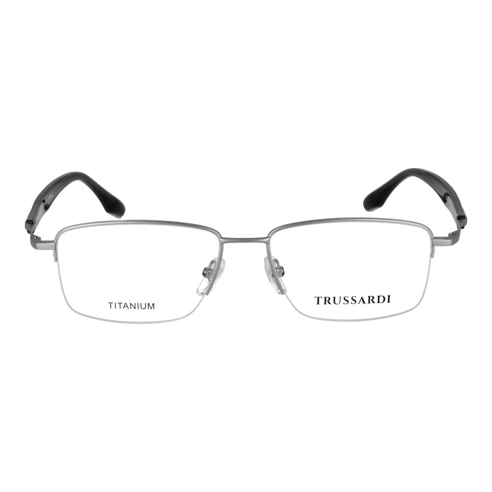 Eyeglasses Frames by Trussardi for men in titanium and silver showcases a refined silhouette, detailed with a silver coloured frame finish and a sophisticated half-frame frame design.