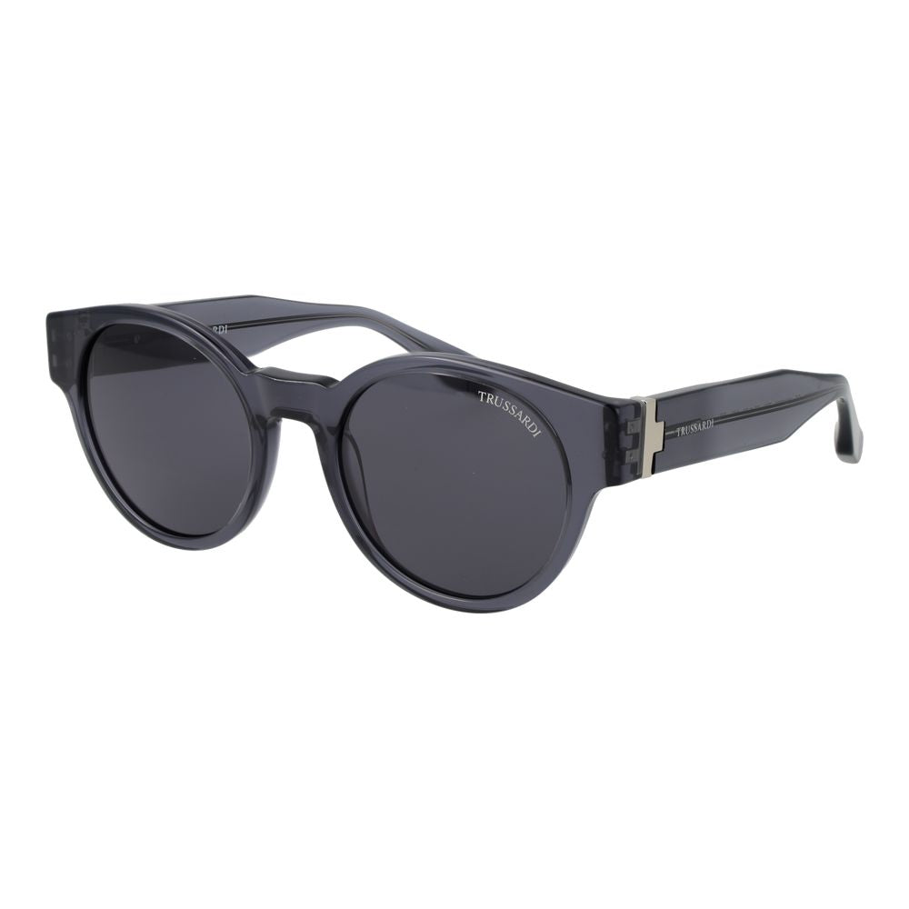 Sunglasses by Trussardi for men in acetate and gray featuring an opulent full-rim round frame design with a sophisticated gray coloured frame finish and high-performance non-polarized category-3-dark-tint lens.
