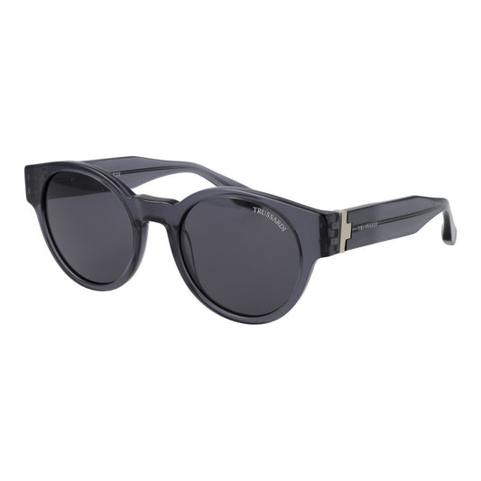 Sunglasses by Trussardi for men in acetate and gray featuring an opulent full-rim round frame design with a sophisticated gray coloured frame finish and high-performance non-polarized category-3-dark-tint lens.
