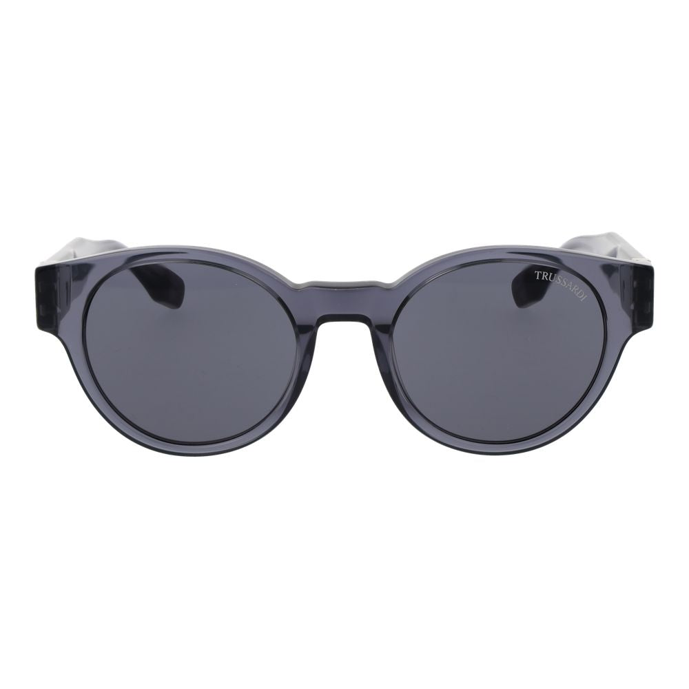 Sunglasses by Trussardi for men in acetate and gray presents a sumptuous silhouette, featuring gray coloured frame and full-rim round frame design with non-polarized category-3-dark-tint lens for a sumptuous look.
