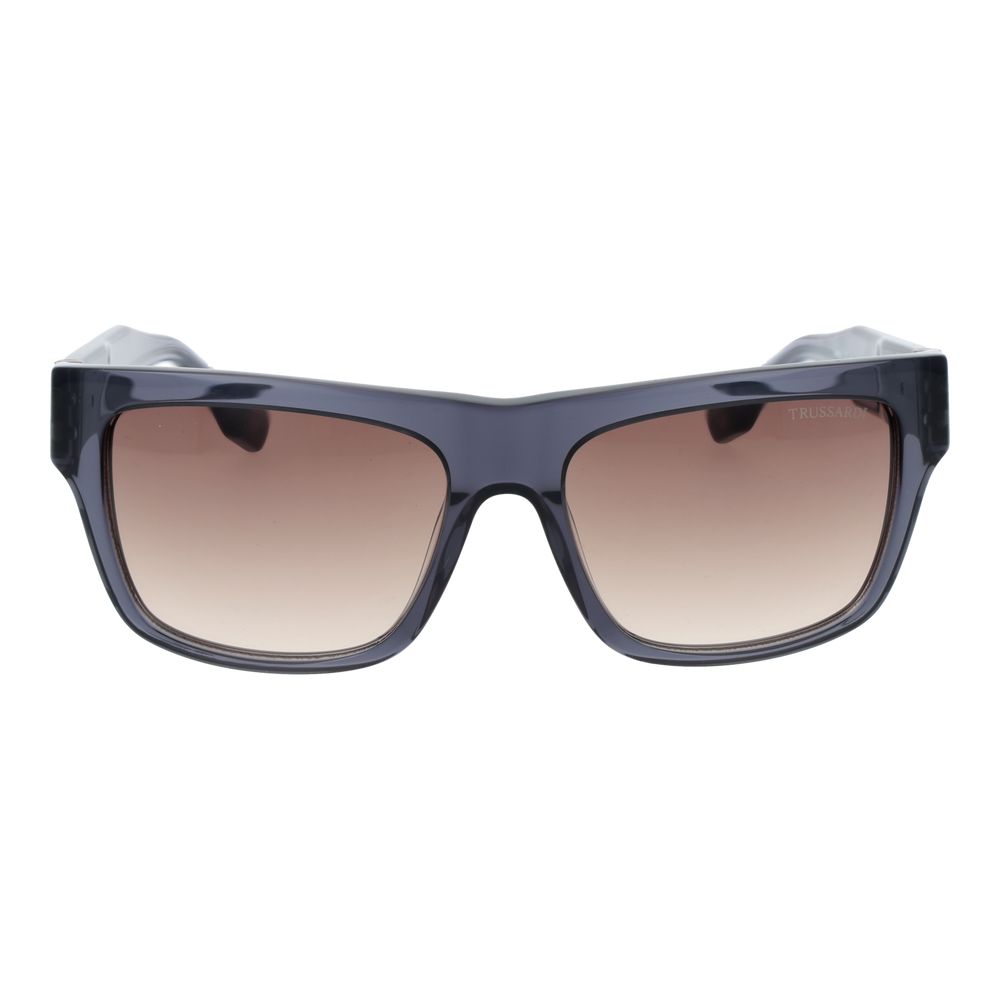 This Sunglasses by Trussardi for men in acetate gray presents a sumptuous silhouette, showcasing a sumptuous full-rim square frame design in gray coloured frame and high-performance gradient category-2-medium-tint lens.