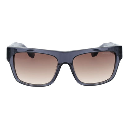This Sunglasses by Trussardi for men in acetate gray presents a sumptuous silhouette, showcasing a sumptuous full-rim square frame design in gray coloured frame and high-performance gradient category-2-medium-tint lens.