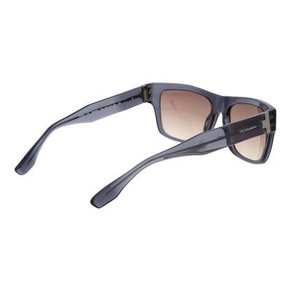 This Sunglasses by Trussardi for men in acetate gray presents a sumptuous silhouette, showcasing a sumptuous full-rim square frame design in gray coloured frame and high-performance gradient category-2-medium-tint lens.