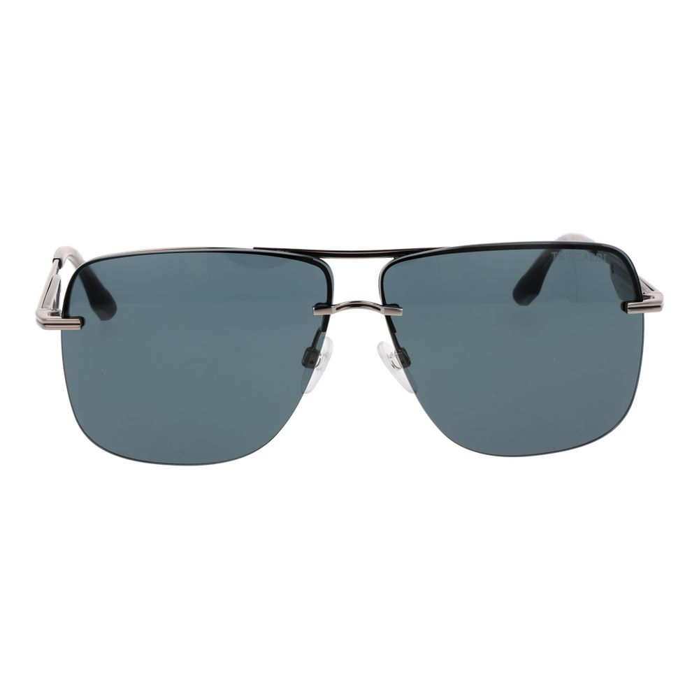 Sunglasses by Trussardi for men in metal silver features an ethereal rimless square frame design with silver coloured frame frames and non-polarized category-3-dark-tint lens for a ethereal finish.