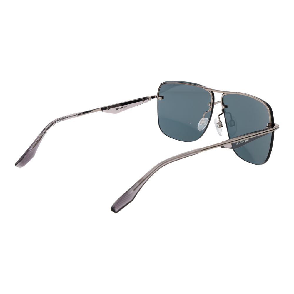 Sunglasses by Trussardi for men in metal silver features a sumptuous silhouette, showcasing a sumptuous rimless square frame design in silver coloured frame with high-performance non-polarized category-3-dark-tint lens.