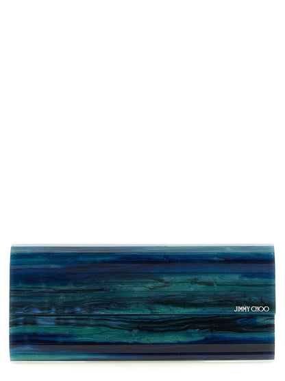 Evening Clutch Handbag by Jimmy Choo for women in lambskin leather & metal bicolour, blue, emerald & green features a statuesque silhouette, showcasing a secure and organized with versatile detachable-strap for statuesque evening wear.