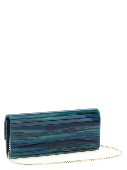 Evening Clutch Handbag by Jimmy Choo for women in lambskin leather & metal bicolour, blue, emerald & green showcases a sculptural silhouette, featuring a secure , ample , and versatile detachable-strap for a sculptural finish.