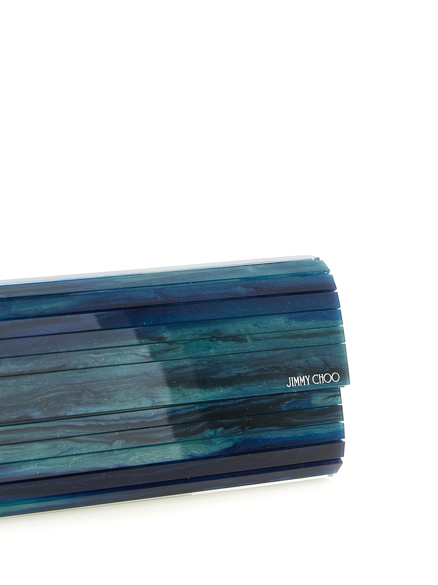 Evening Clutch Handbag by Jimmy Choo for women in lambskin leather & metal bicolour, blue, emerald & green features an sculptural silhouette, showcasing a secure and sculptural with versatile detachable-strap for a sophisticated look.