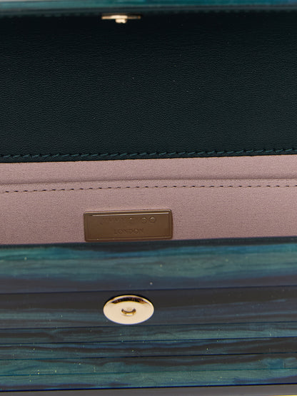 Evening Clutch Handbag by Jimmy Choo for women in lambskin leather & metal bicolour, blue, emerald & green features a sculptural silhouette with a secure , organized , and versatile detachable-strap for a sculptural finish.