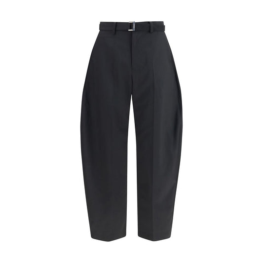 Casual Pants by Sacai for men in cupro wool & polyester black & silver features an refined tailoring silhouette, showcasing a premium relaxed-fit, wide & oversized with a and long cut for a refined tailoring look.