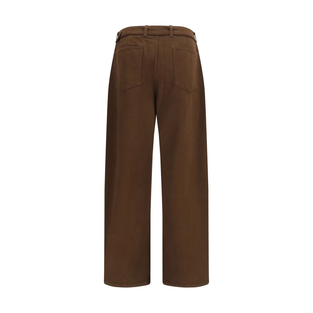 Casual Pants by Lemaire for men in cotton twill & embossed leather brown features a polished silhouette with a polished straight & oversized, reaching a polished long and finished with a polished .