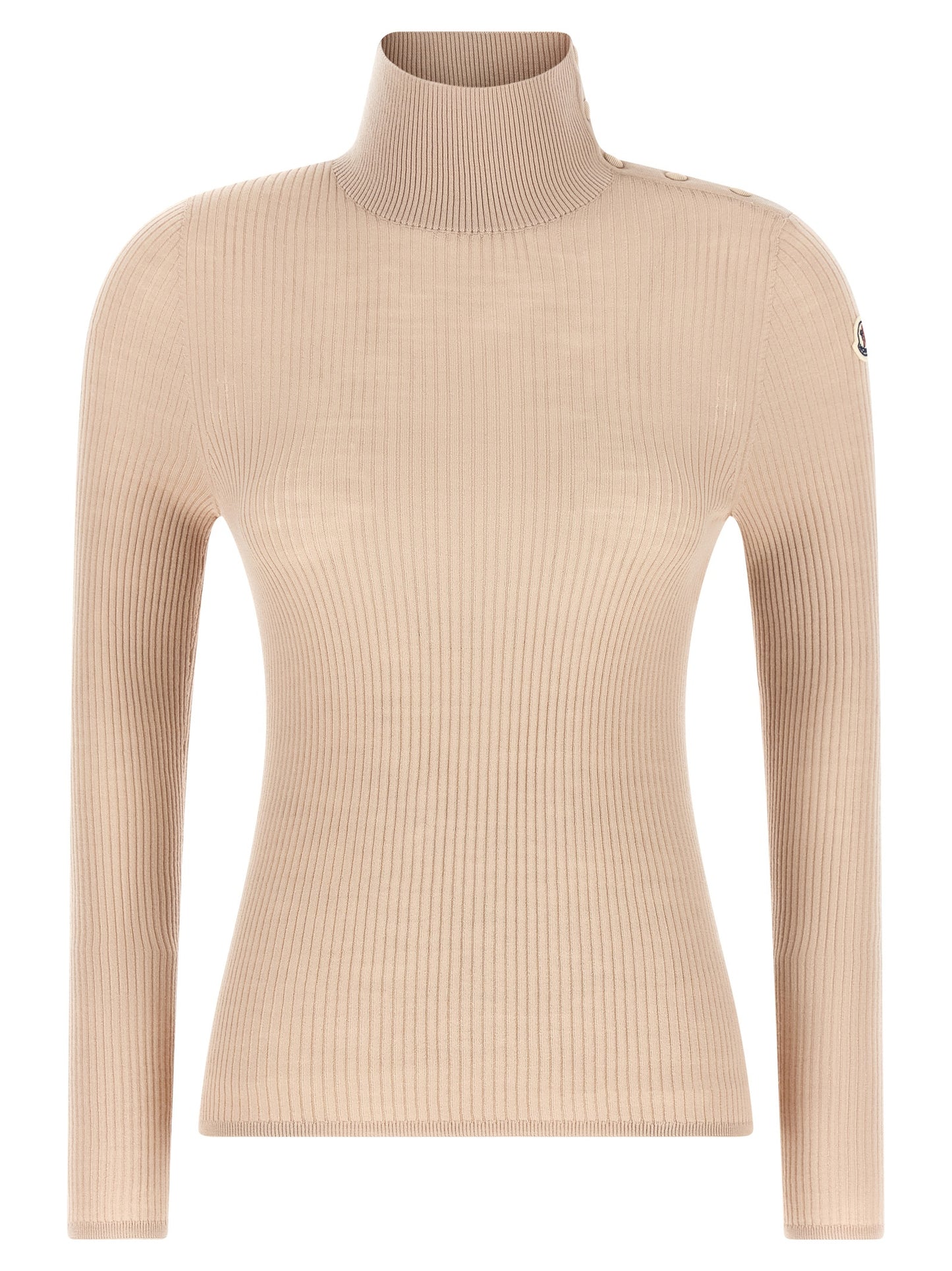 Cardigan by Moncler for women in merino virgin wool beige features a dramatic silhouette, showcasing a sophisticated turtle neckline and dramatic detail for a timeless, premium look.