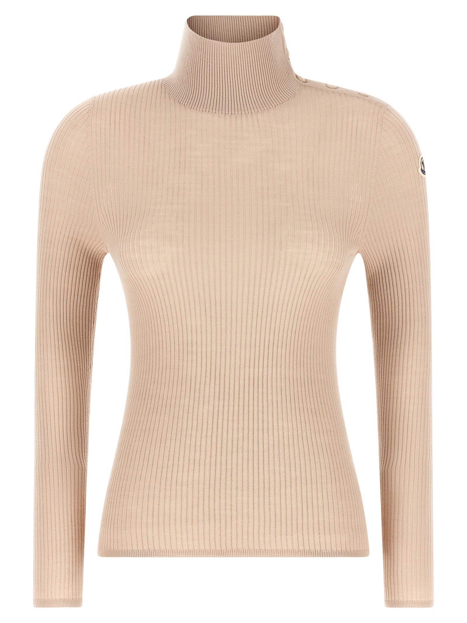 Cardigan by Moncler for women in merino virgin wool beige features a dramatic silhouette, showcasing a sophisticated turtle neckline and dramatic detail for a timeless, premium look.