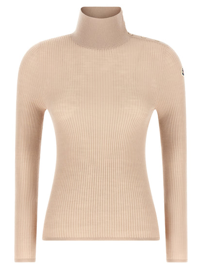 Cardigan by Moncler for women in merino virgin wool beige features a dramatic silhouette, showcasing a sophisticated turtle neckline and dramatic detail for a timeless, premium look.