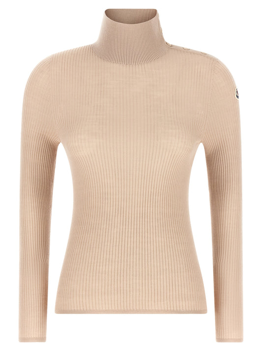 Cardigan by Moncler for women in merino virgin wool beige features a dramatic silhouette, showcasing a sophisticated turtle neckline and dramatic detail for a timeless, premium look.