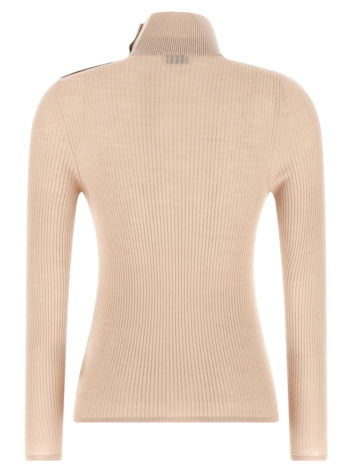 Cardigan by Moncler for women in merino virgin wool beige showcases a captivating silhouette, artfully detailed with a captivating and turtle neckline for a truly sophisticated captivating look.