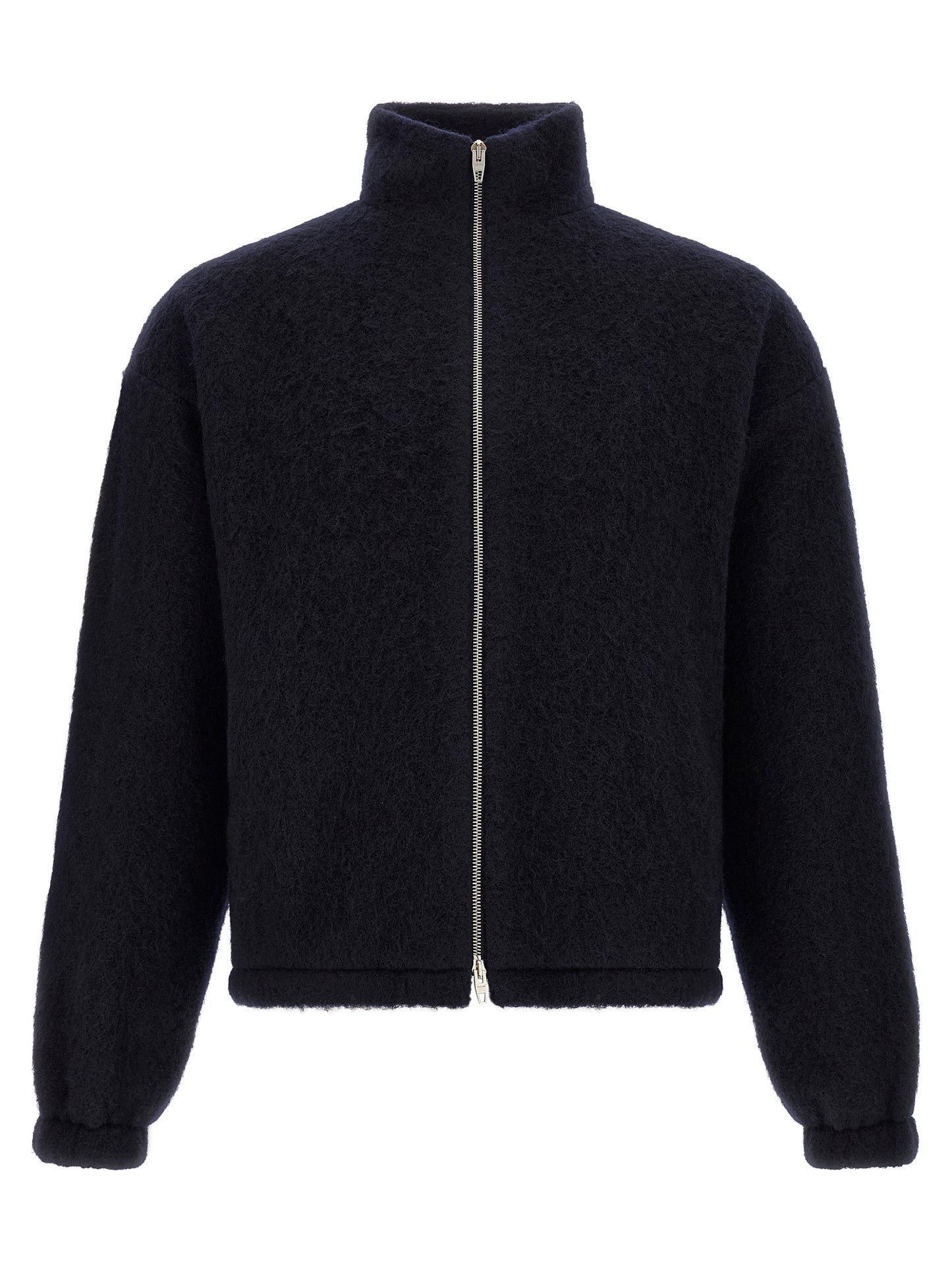 Sweatshirt by Jil Sander for men in wool & polyester navy, silver & monogram showcases a slouchy chic silhouette, artfully detailed with a slouchy chic and for a slouchy chic finish.