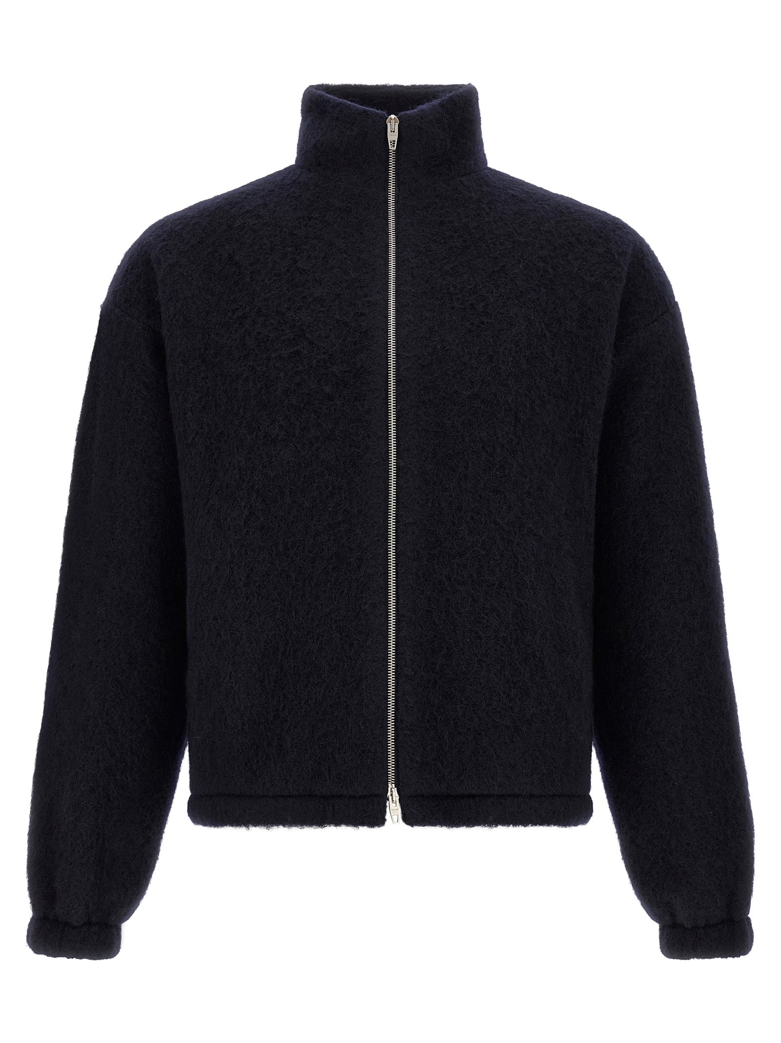 Sweatshirt by Jil Sander for men in wool & polyester navy, silver & monogram showcases a slouchy chic silhouette, artfully detailed with a slouchy chic and for a slouchy chic finish.