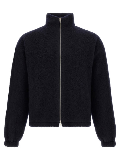 Sweatshirt by Jil Sander for men in wool & polyester navy, silver & monogram showcases a slouchy chic silhouette, artfully detailed with a slouchy chic and for a slouchy chic finish.