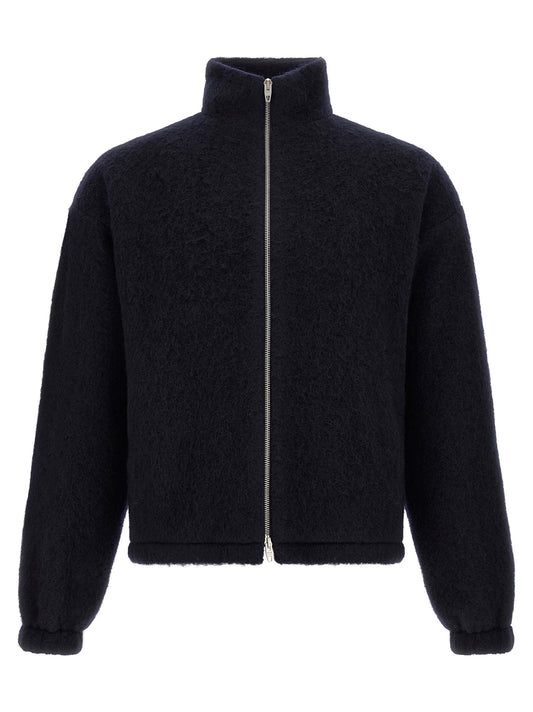Sweatshirt by Jil Sander for men in wool & polyester navy, silver & monogram showcases a slouchy chic silhouette, artfully detailed with a slouchy chic and for a slouchy chic finish.