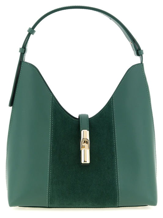 Shoulder Bag by Furla for women in calfskin leather bicolour, gold & green showcases a statuesque silhouette, artfully detailed with a secure zipper, organized , and versatile shoulder-strap, adjustable-strap & handle for a statuesque look.