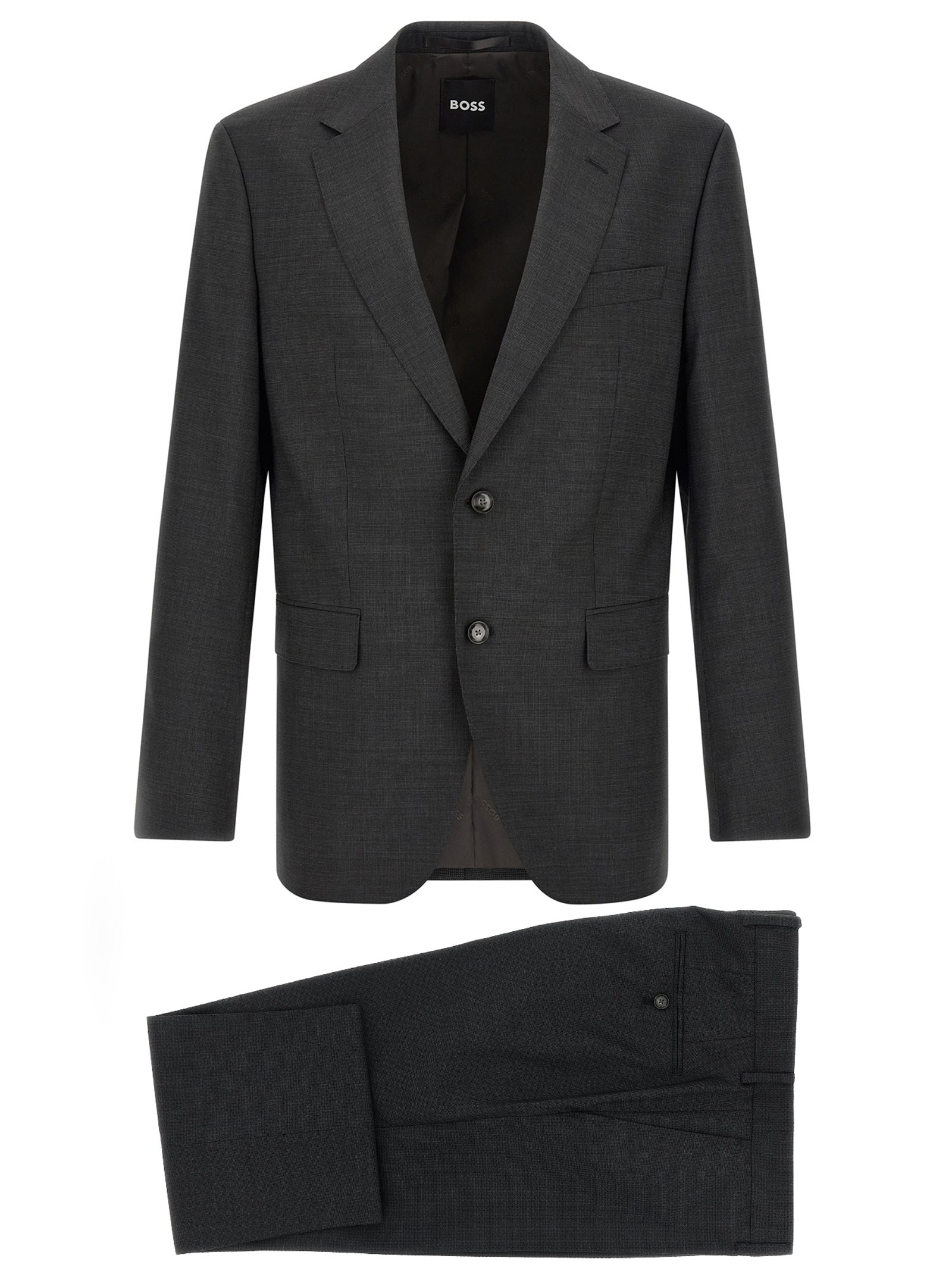 This Pant Suit by Hugo Boss for men in virgin wool gray presents a discerning silhouette, featuring a sophisticated and a discerning straight & slim for a refined and polished look.