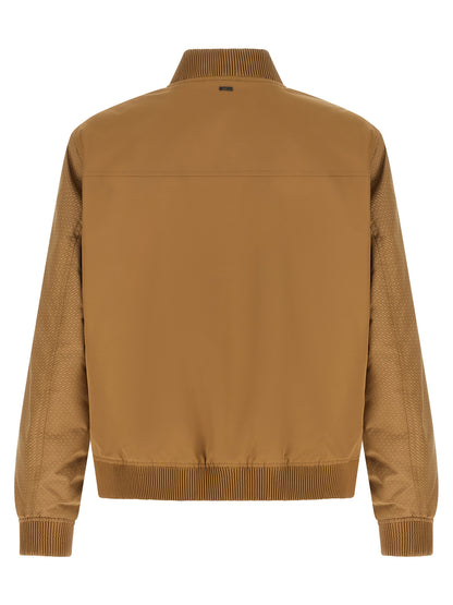 Bomber Jacket by Hugo Boss for men in polyester beige features a dramatic silhouette, showcasing a sophisticated and distinctive pockets for a dramatic aesthetic.