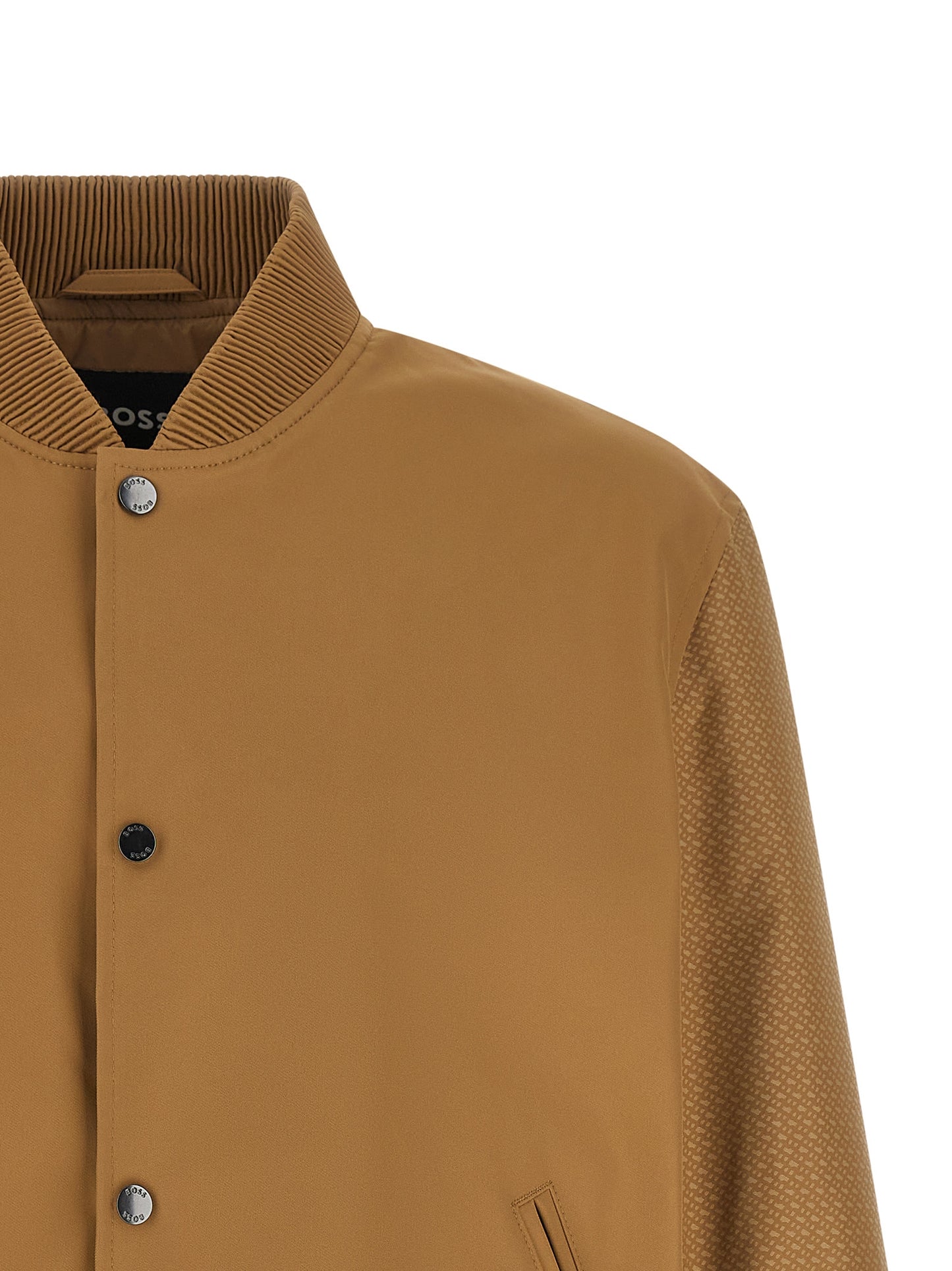 Bomber Jacket by Hugo Boss for men in polyester beige showcases a bohemian silhouette, artfully detailed with a bohemian and signature pockets for a truly bohemian finish.