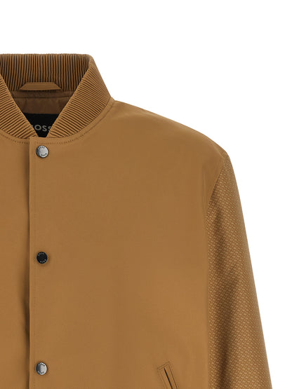 Bomber Jacket by Hugo Boss for men in polyester beige showcases a bohemian silhouette, artfully detailed with a bohemian and signature pockets for a truly bohemian finish.
