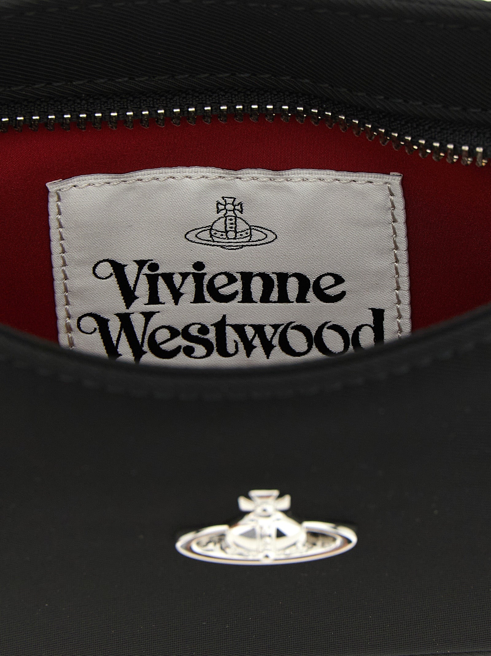 Shoulder Bag by Vivienne Westwood for women in poly viscose black, red & silver features an effortlessly chic silhouette with a secure zipper & buckle, ample , and versatile shoulder-strap & adjustable-strap for effortlessly chic everyday luxury.
