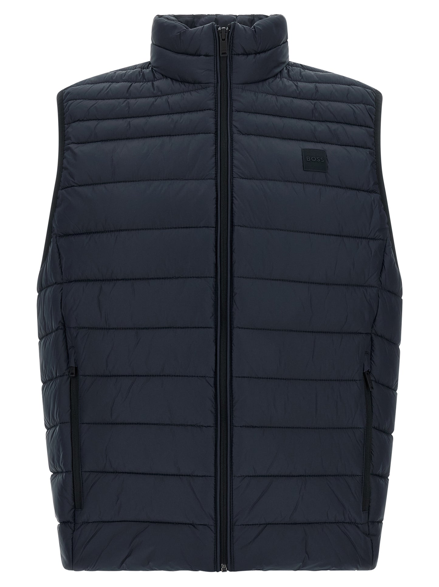Vest by Hugo Boss for men in polyamide dark-blue showcases a dynamic silhouette, perfectly balancing pockets with a dynamic high-neck neckline for a sophisticated, high-fashion look.