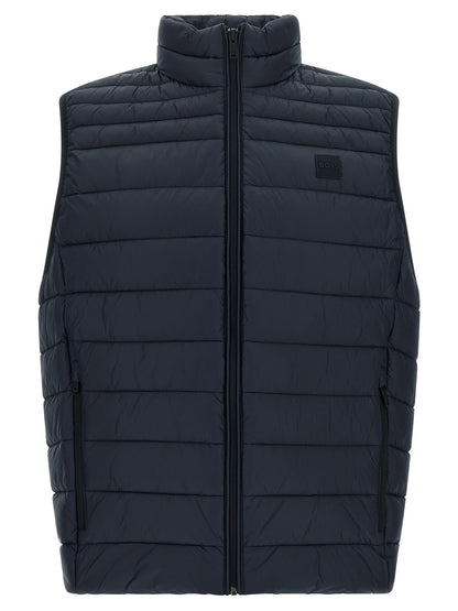 Vest by Hugo Boss for men in polyamide dark-blue showcases a dynamic silhouette, perfectly balancing pockets with a dynamic high-neck neckline for a sophisticated, high-fashion look.