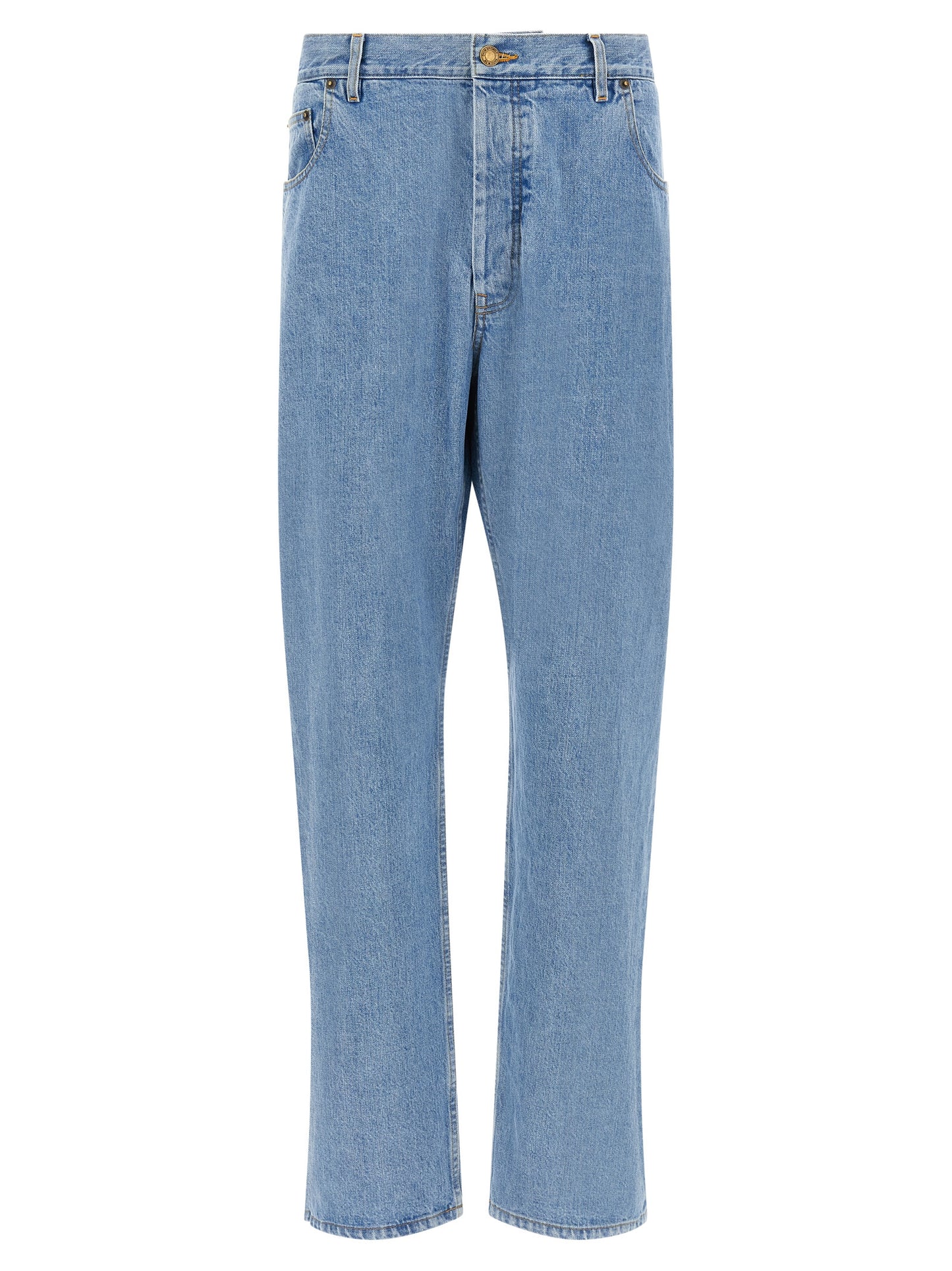 Jeans by Thom Browne for men in denim cotton gold & light-blue features a refined silhouette with a refined straight-leg, defined by a and a refined long for a refined finish.