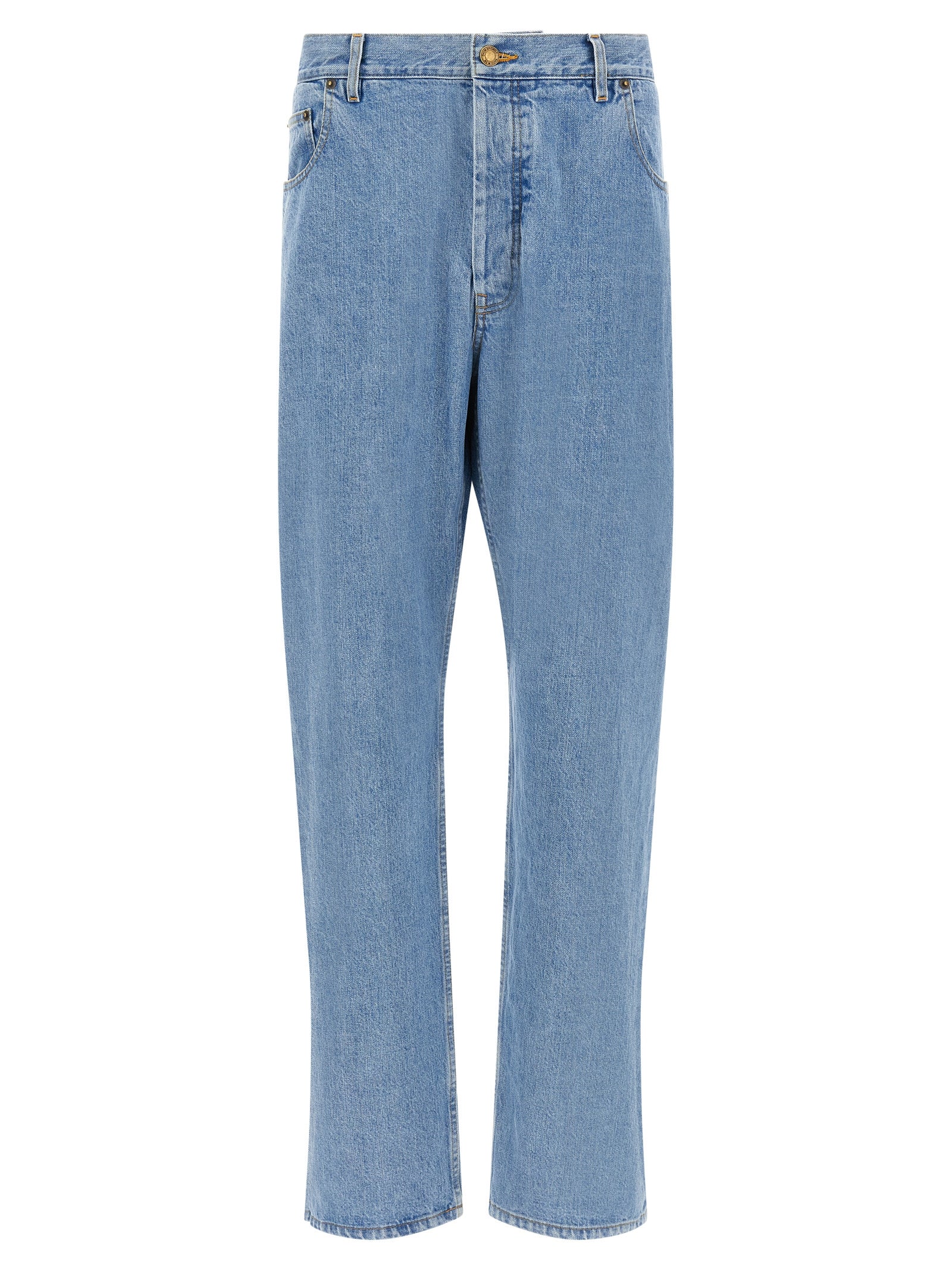 Jeans by Thom Browne for men in denim cotton gold & light-blue features a refined silhouette with a refined straight-leg, defined by a and a refined long for a refined finish.